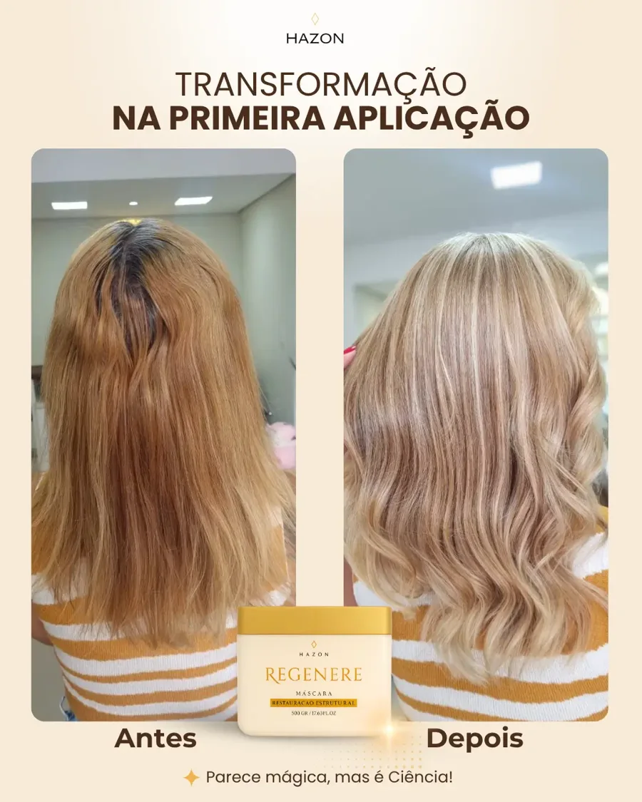 Antes e depois da máscara Regenere em cabelo loiro danificado, na primeira aplicação