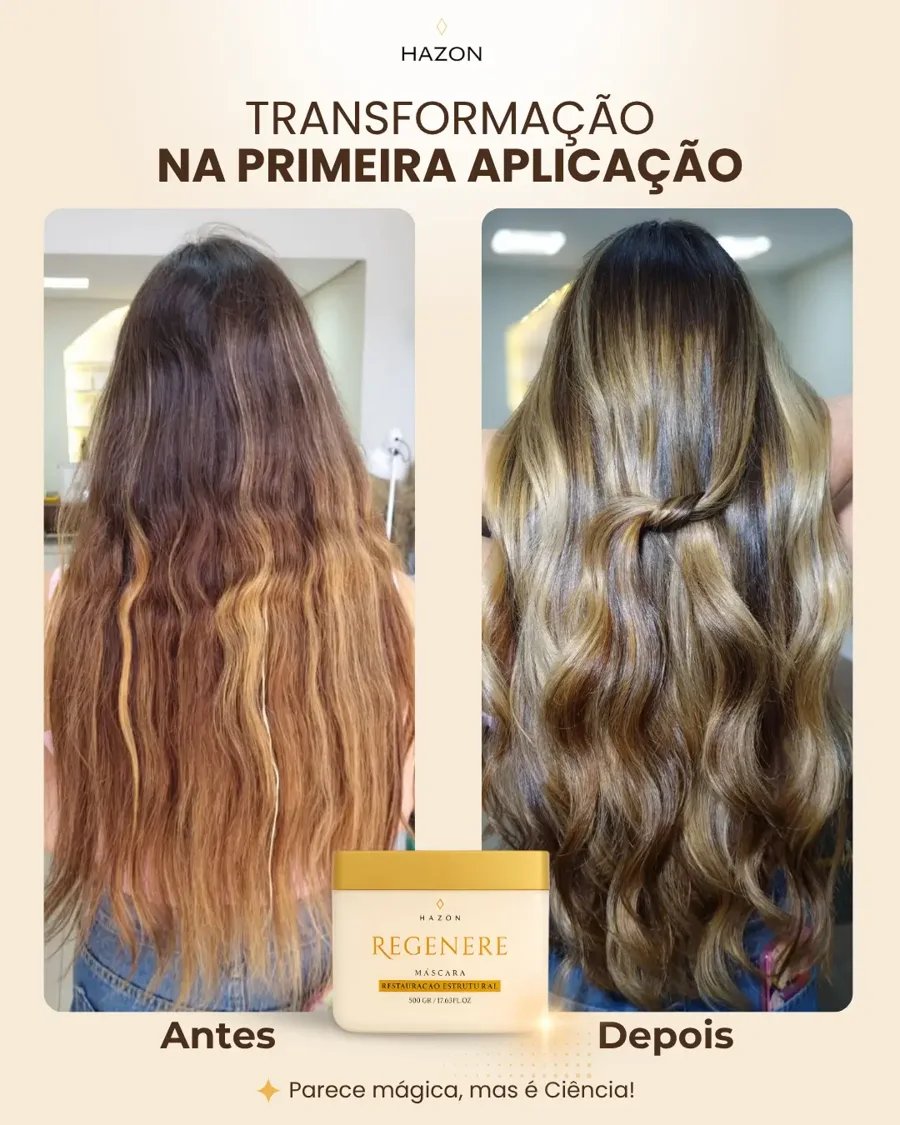 Antes e depois da máscara Regenere em cabelo longo com mechas, na primeira aplicação