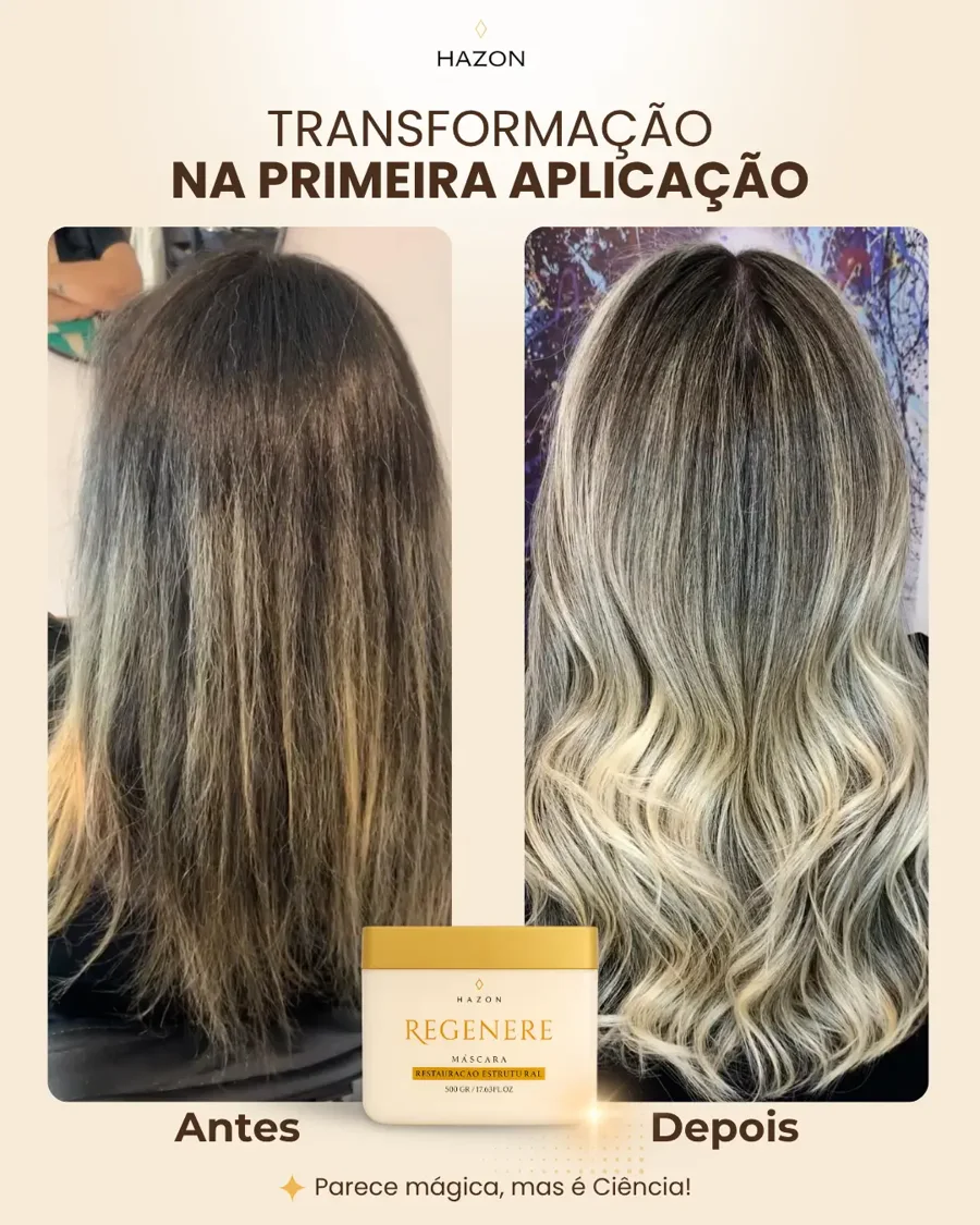 Antes e depois da máscara Regenere em cabelo descolorido, na primeira aplicação