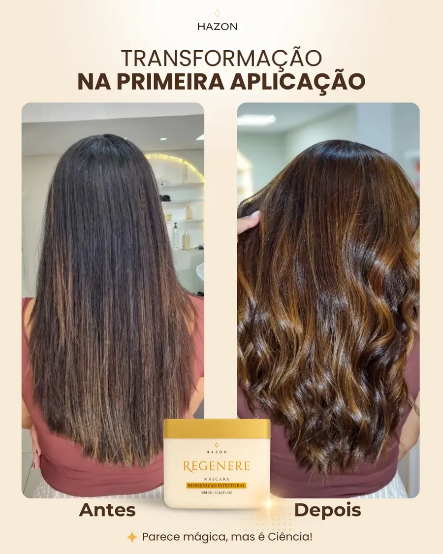 Antes e depois da máscara Regenere em cabelo castanho liso, na primeira aplicação