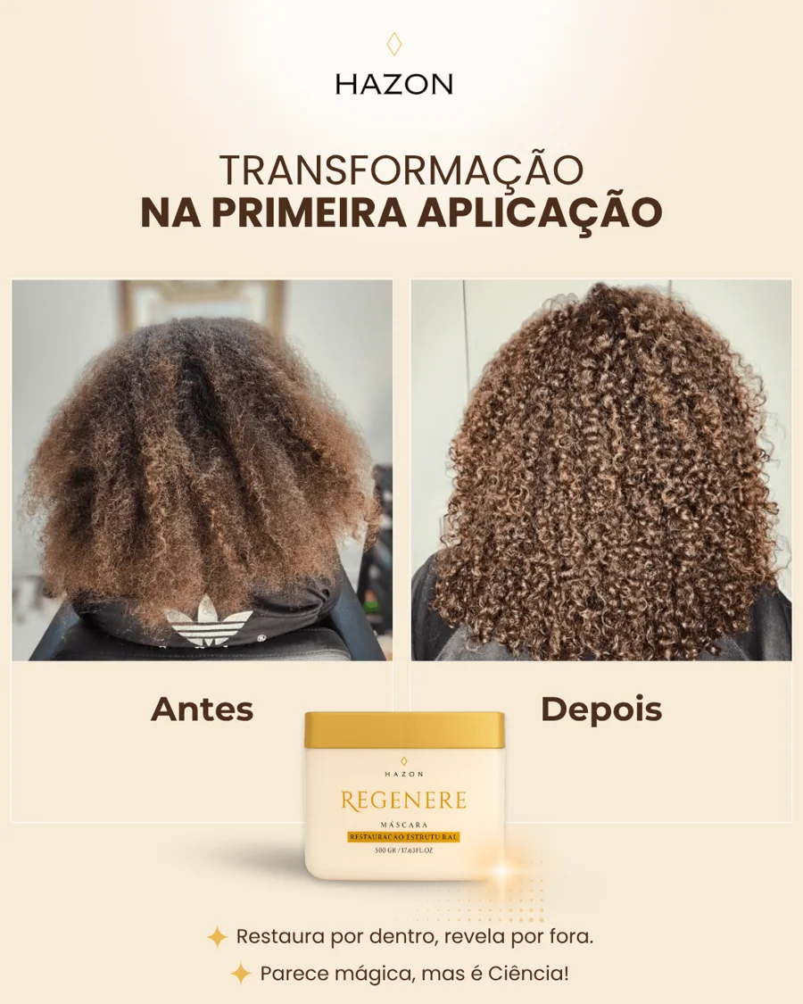 Antes e depois da máscara Regenere em cabelo crespo com volume, na primeira aplicação