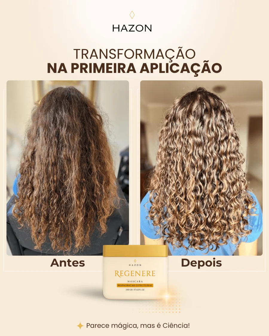 Antes e depois da máscara Regenere em cachos longos com luzes, na primeira aplicação