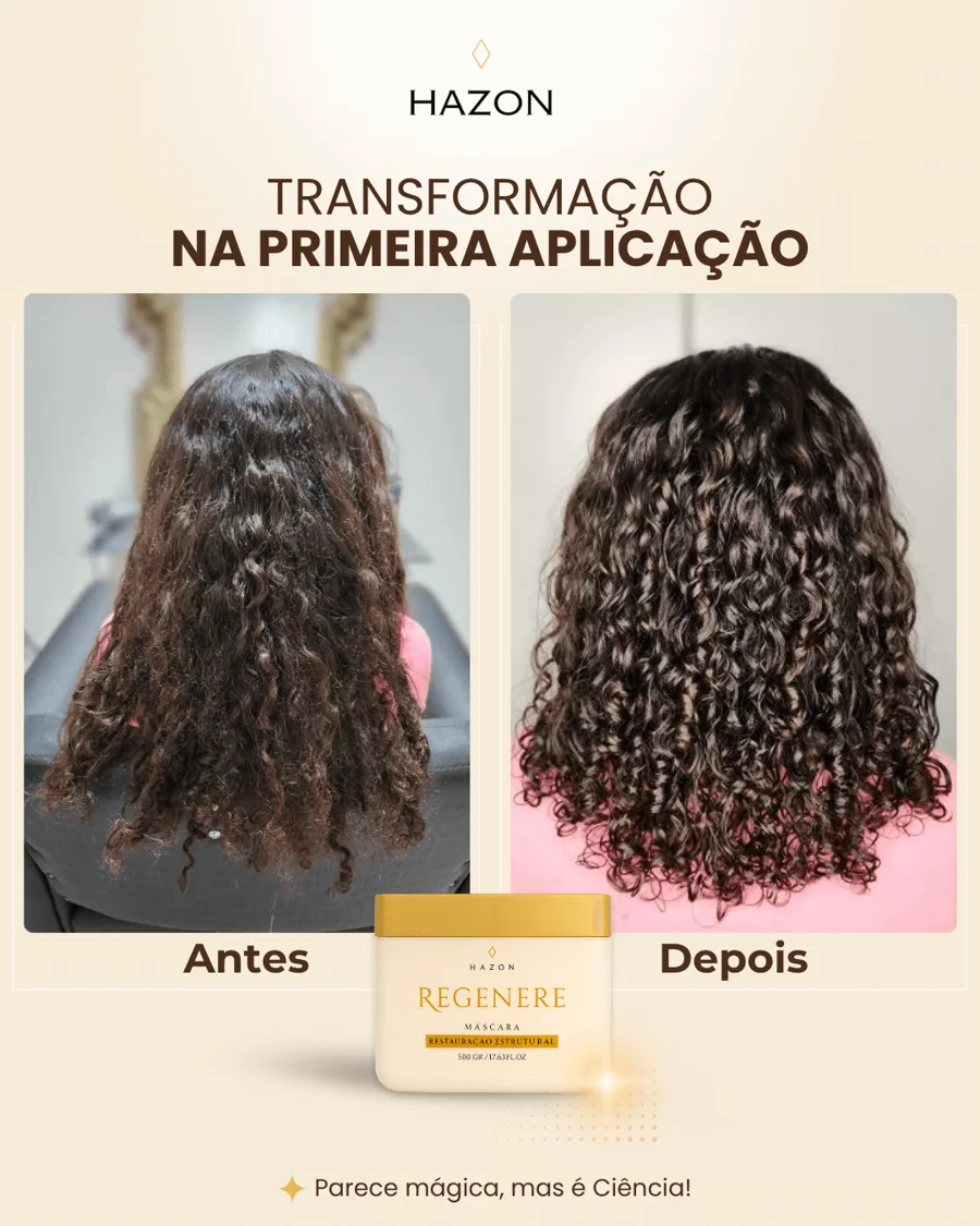 Antes e depois da máscara Regenere em cachos escuros, na primeira aplicação