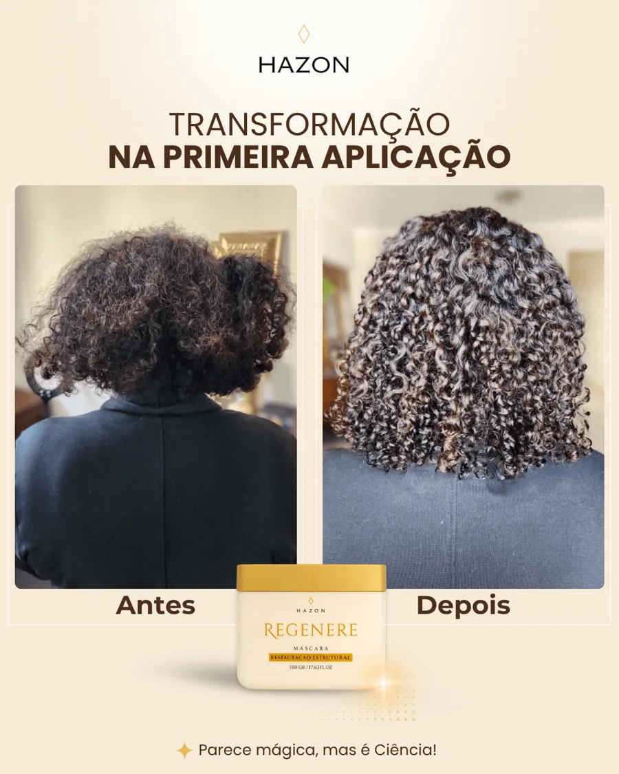 Antes e depois da máscara Regenere em cachos curtos, na primeira aplicação