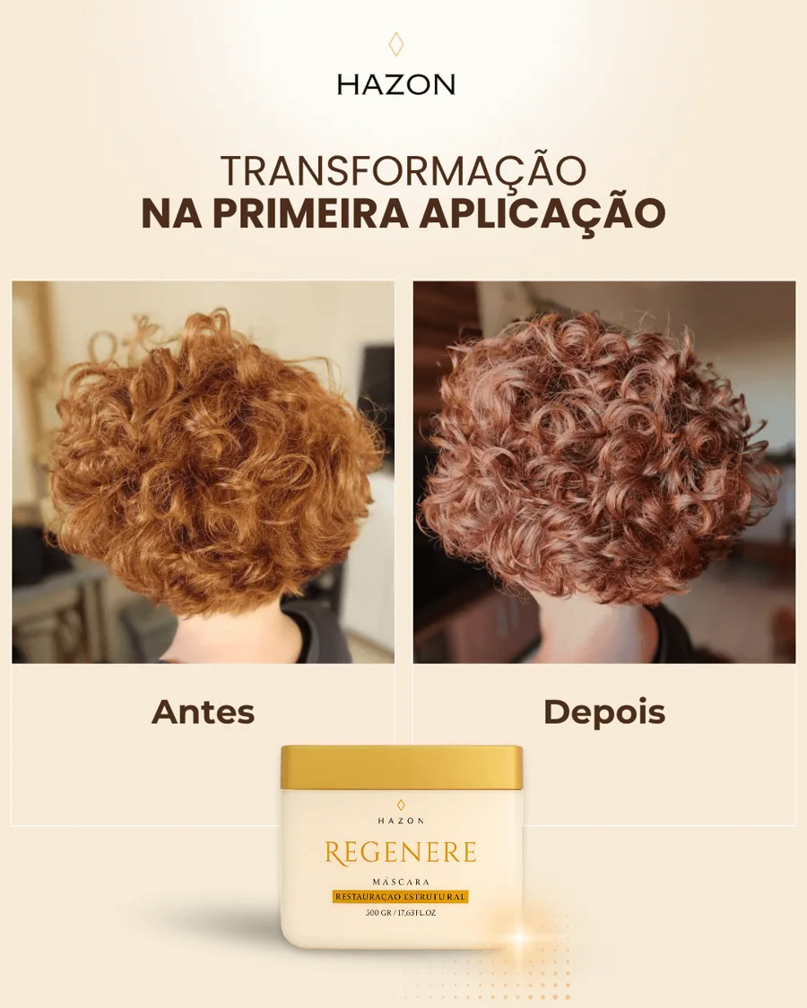 Antes e depois da máscara Regenere em cachos ruivos, na primeira aplicação
